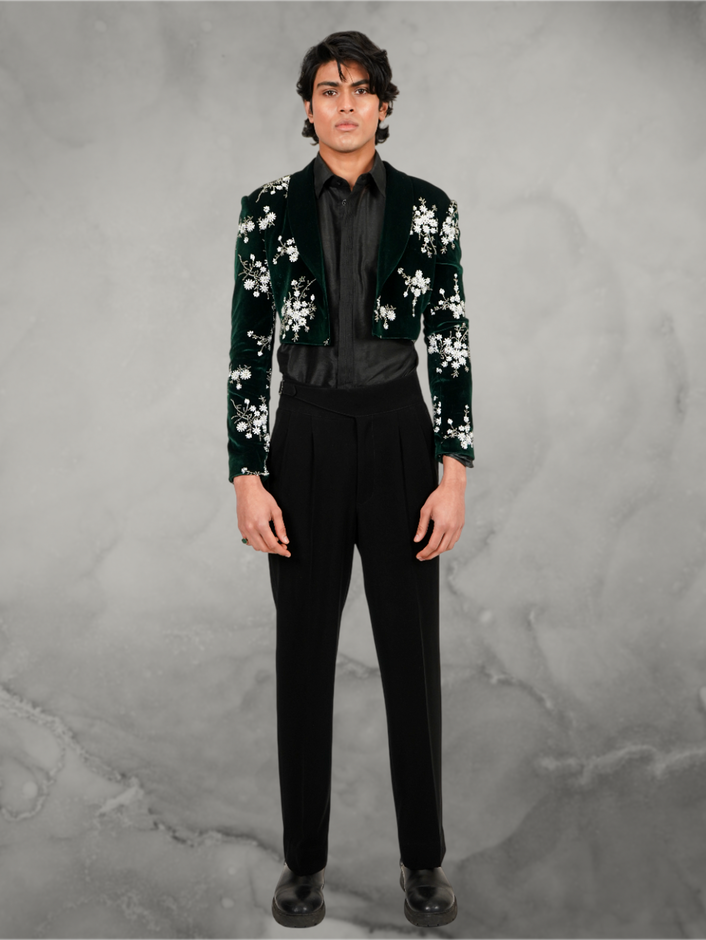 Velvet Floral Embroidered Emerald Green Tuxedo Set