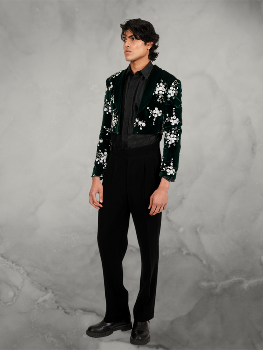 Velvet Floral Embroidered Emerald Green Tuxedo Set