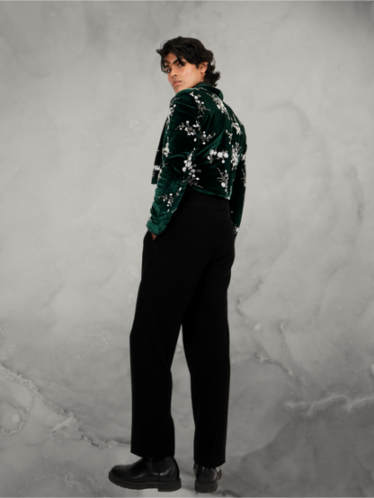 Velvet Floral Embroidered Emerald Green Tuxedo Set