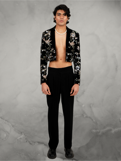 Velvet Floral Embroidered Black Tuxedo