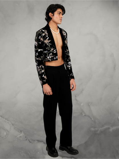 Velvet Floral Embroidered Black Tuxedo