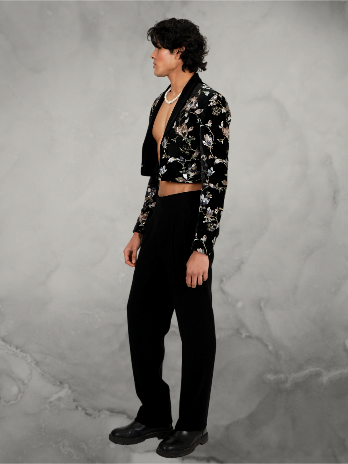 Velvet Floral Embroidered Black Tuxedo