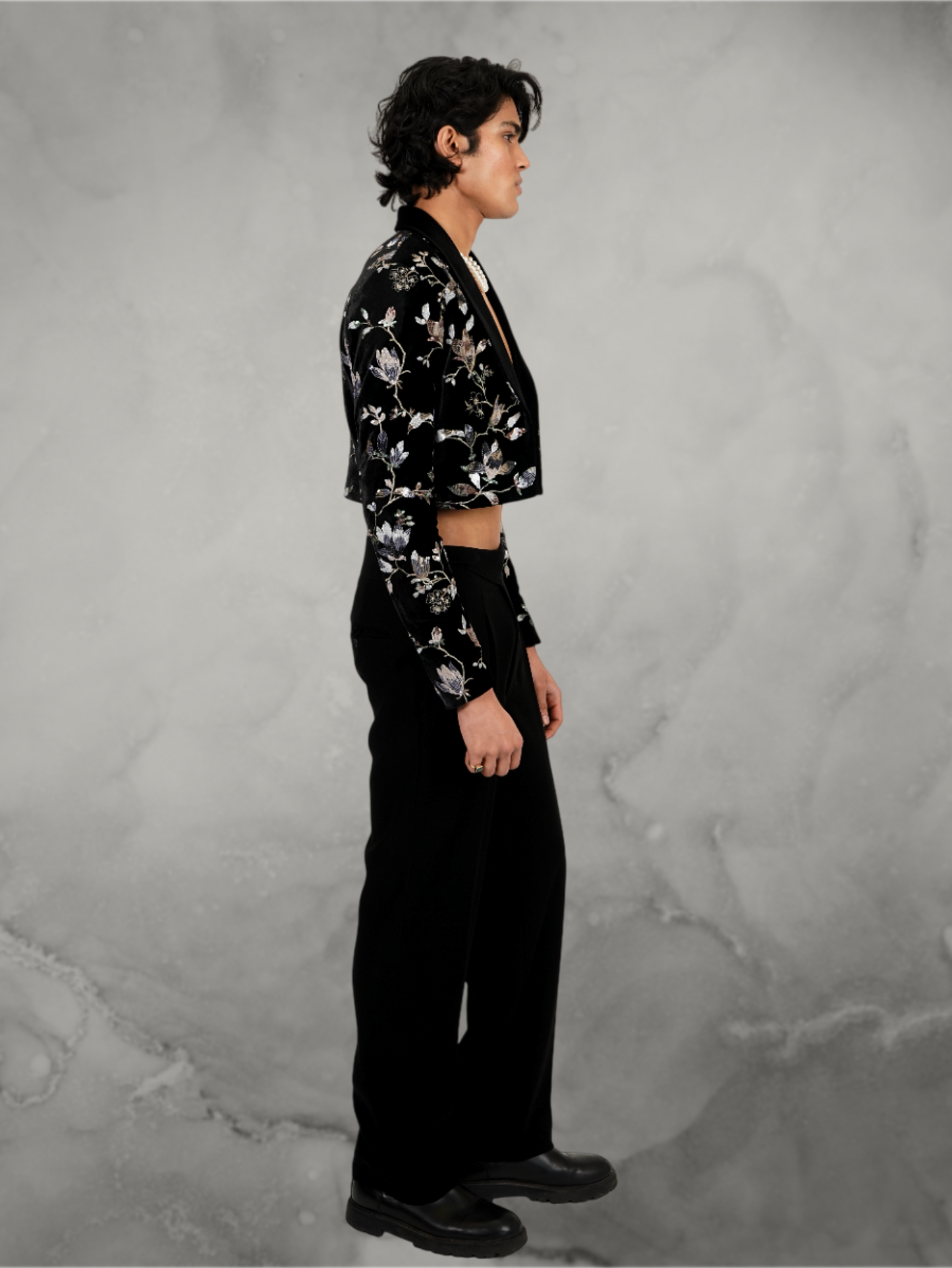 Velvet Floral Embroidered Black Tuxedo