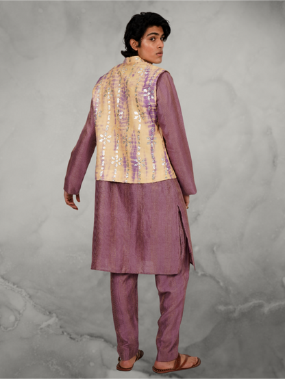 Foil Work Beige-Lilac Jacket and Kurta Set