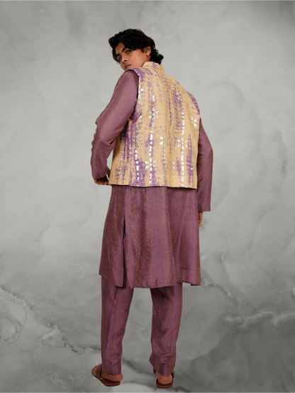 Foil Work Beige-Lilac Jacket and Kurta Set