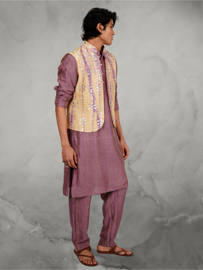 Foil Work Beige-Lilac Jacket and Kurta Set