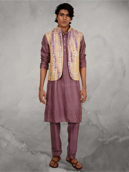 Foil Work Beige-Lilac Jacket and Kurta Set