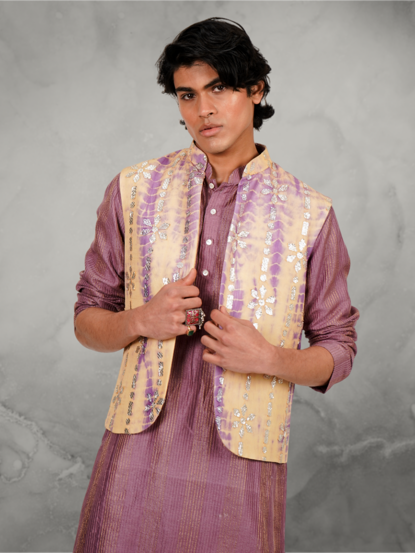 Foil Work Beige-Lilac Jacket and Kurta Set