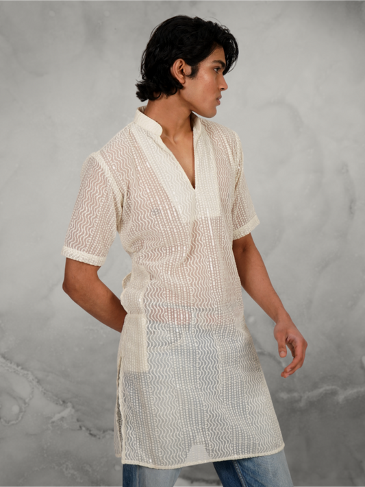 Embroidered White Half Sleeves Kurta