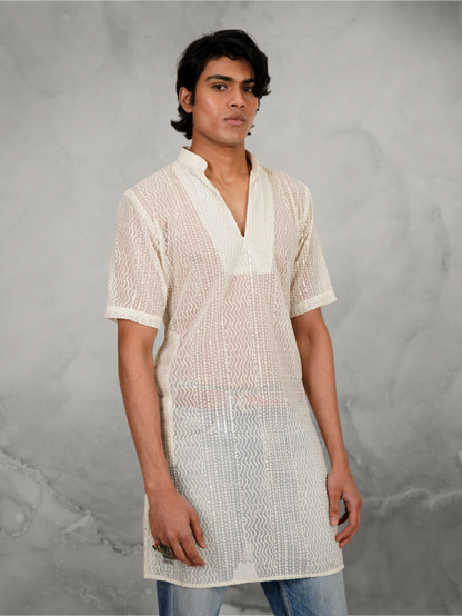 Embroidered White Half Sleeves Kurta