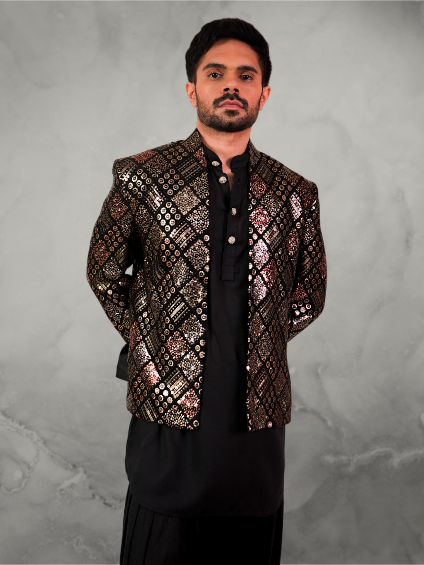 Sequin Multicolor Black Open Jacket and Kurta Set