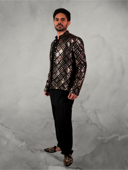 Sequin Multicolor Black Open Jacket and Kurta Set